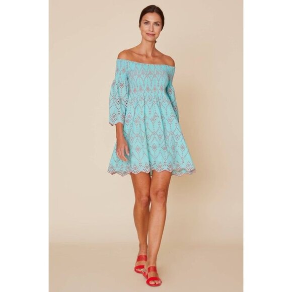 Aria Smocked Off the Shoulder Eyelet Mini Dress ModaPosa Small - Picture 1 of 1